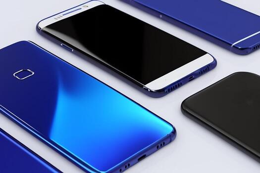 Smartphones azuis e pretos dispostos sobre superfície branca