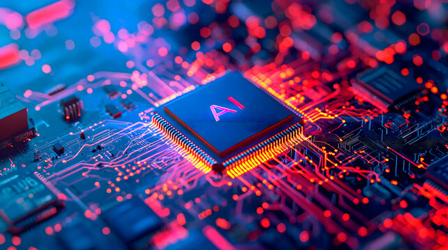 Placa-mãe com chip iluminado em vermelho e azul